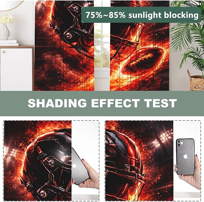 Football Helmet Fire Window Curtains 2 Panels Set, 52 X 84 Inch Polyester Drapes - Image 5