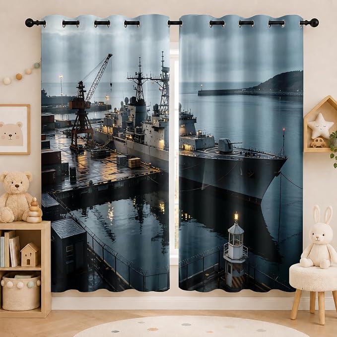 Navy Warship Blackout Curtains 54 inches Long 2 Panels | Seaport Dock Printed - Image 2