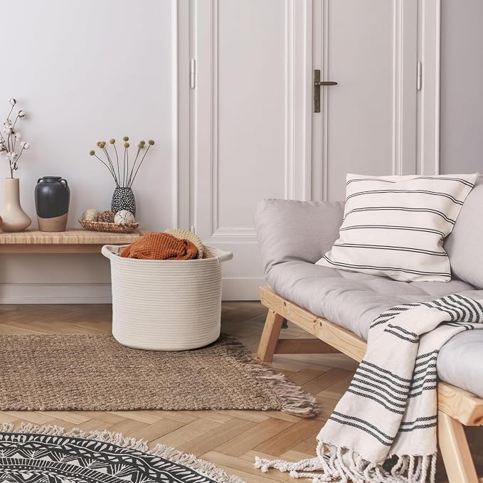 Blanket Basket for Living Room, Woven Rope Storage Basket | 16"D x 14"H | White - Image 7