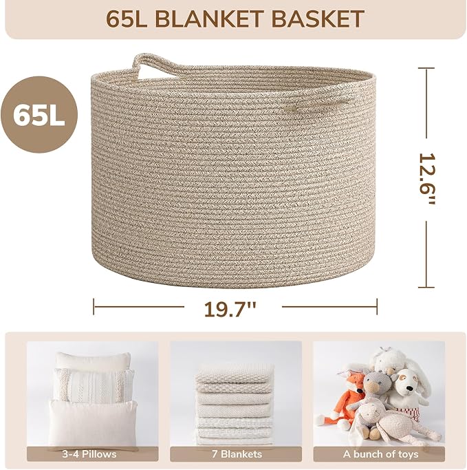 INDRESSME Large Woven Wicker Blanket Basket Living Room, 65L | 19.7" x 12.6" - Image 2