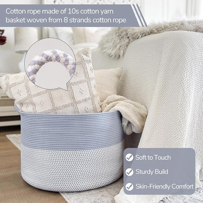 INDRESSME XXXLarge Woven Rope Blanket Basket Living Room Blue, 90L | 21.7" x - Image 2