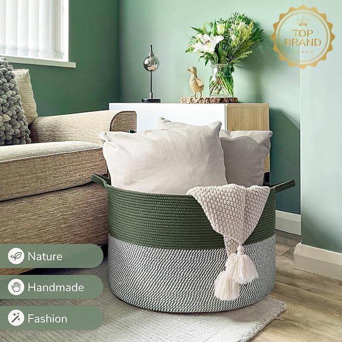 INDRESSME XXXLarge Woven Rope Blanket Basket Living Room Green, 90L | 21.7" x - Image 7
