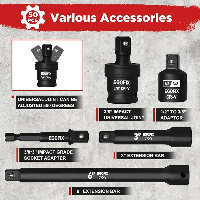 3/8" Drive Impact Socket Set, 50 Piece Standard SAE and Metric 6 Point - Image 3