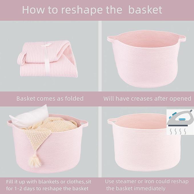 XUANGUO Extra Large Cotton Rope Round Storage Basket 22" x 14" Pink | Woven - Image 7
