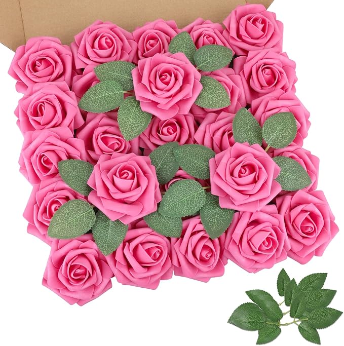 AmyHomie Hot Pink Rose 25pcs Real Looking Artificial Flowers w/Stem | Bouquet by AmyHomie