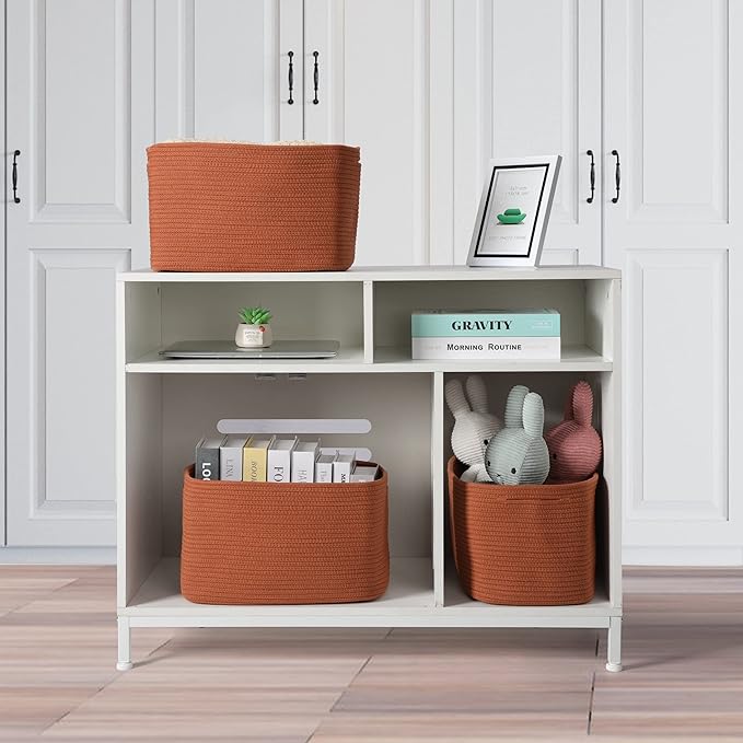 XUANGUO Woven Cotton Rope Storage Baskets 15x10x9.3" 3 Pack Rust | Decorative - Image 5