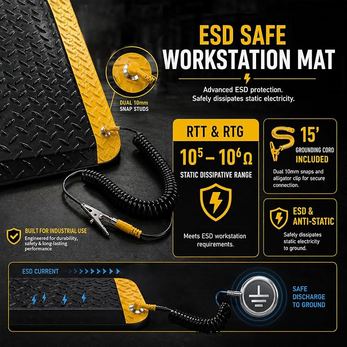3' x 12' ESD Anti-Fatigue Conductive Mat, Durable Heavy Duty Diamond Plate - Image 3