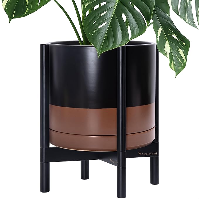 D'vine Dev Ceramic Pot with Ebony Wood Stand, 14 in, 55-B-S-7 | Mid-Century by DvineDevPlanterPotsandStand