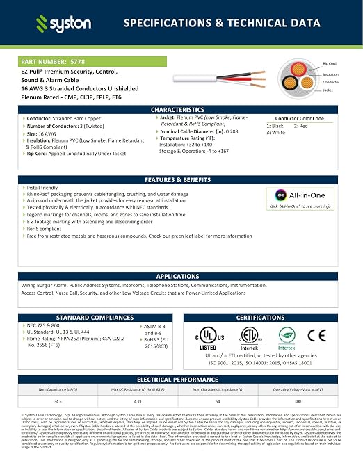 Syston 16/3 Fire Alarm Security Cable, Stranded Copper, Plenum-Rated CL3P - Image 2