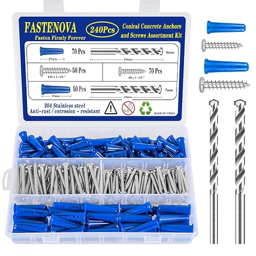 240Pcs Conical Concrete Anchors and 304 Stainless Steel Screws Assortment Kit by Unknown