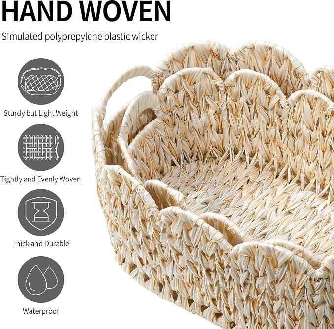 Coeusy Wicker Scalloped Basket Set of 2, Woven Storage Baskets - Image 6