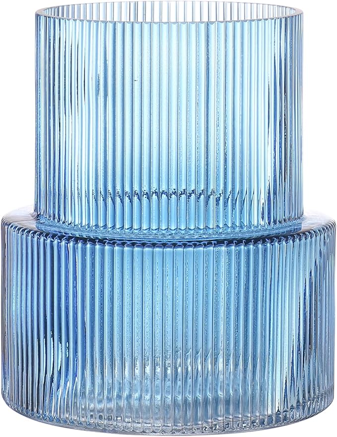 Blue Glass Vase, Ribbed Glass Vase by YANWE
