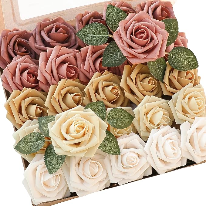 Artificial Flowers 25pcs Real Looking Burnt Orange Ombre Colors Foam Fake Roses by Floroom