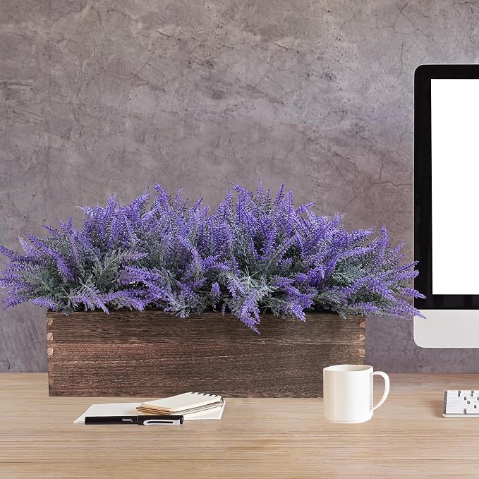 Winlyn 14" Artificial Lavender Flowers Plants in Rectangular Wooden Planter Box - Image 9