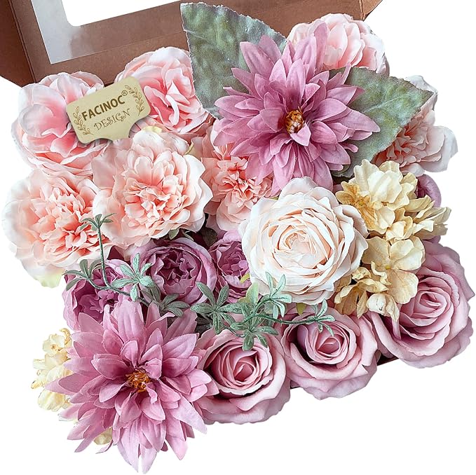FACINOC Artificial Flowers Pink Bouquet Fake Flower Dahlia Roses by FACINOC