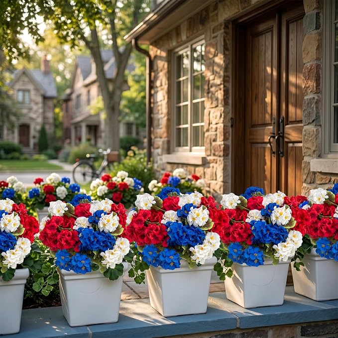 lovemoon 16 Pcs Artificial Geraniums Realistic Silk Patriotic Flowers - Image 4