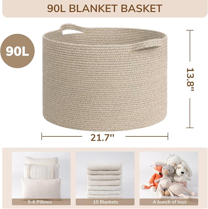 INDRESSME XXXLarge Woven Wicker Blanket Basket Living Room, 90L | 21.7" x 13.8" - Image 2