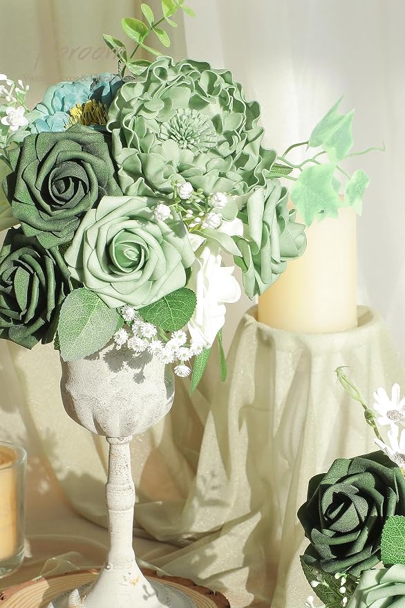 Artificial Flowers 25pcs Real Looking Sage Green & Emerald Green Foam Fake Roses - Image 5