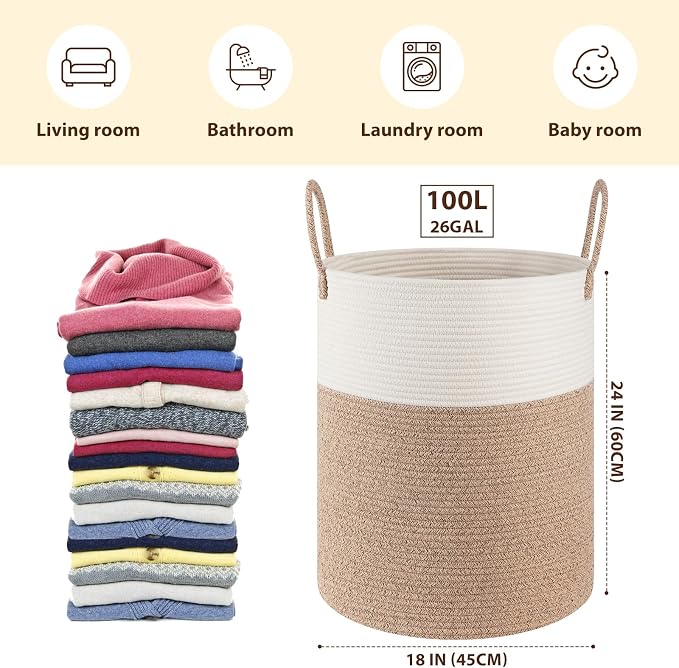 OIAHOMY 100L Nursery Hamper Laundry Basket Laundry Hamper Brown/White | - Image 2