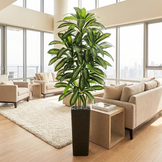 Artificial Dracaena Tree: 7FT Fake Plants Silk Faux Trees（Black Pot） | - Image 10