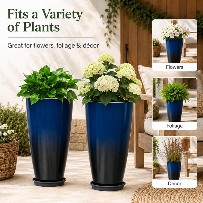 Neoaider Set of 2 Tall Planter, 21 inch Large Plastic Planter, Dark Blue | - Image 7