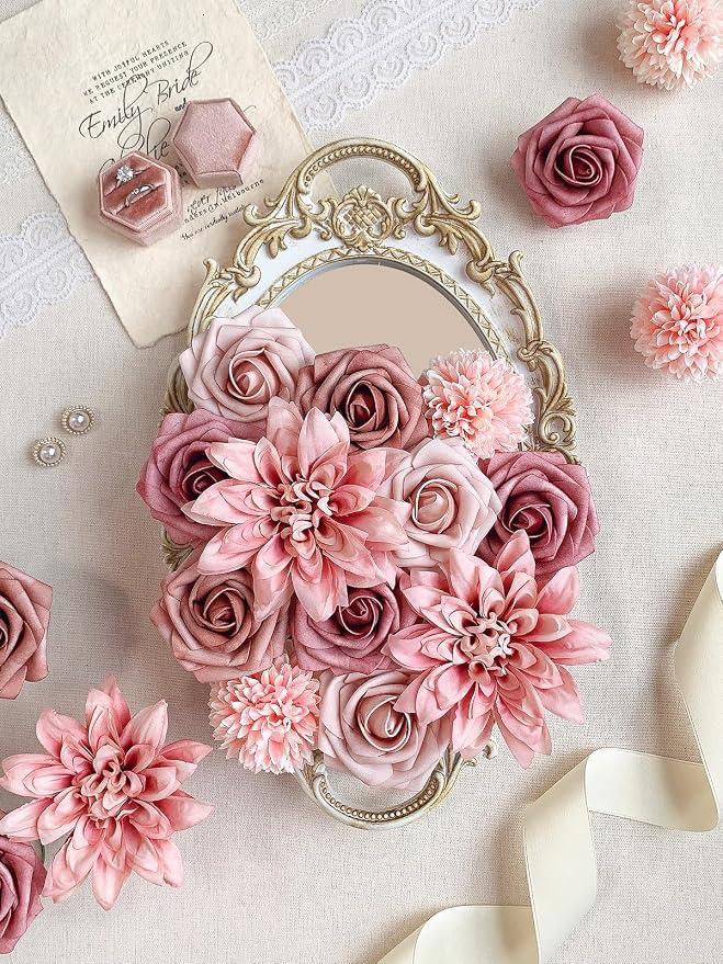 FACINOC Dusty Roses Artificial Flowers Pink Fake Flower Bulk Box Set | DIY - Image 3