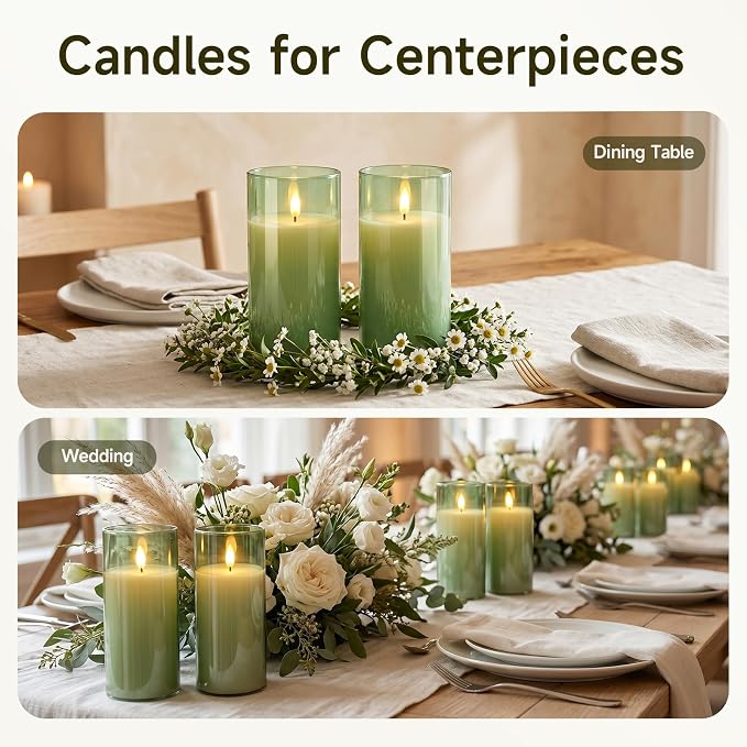 Homemory Sage Green Glass Flameless Candles, Real Wax, Remote Timer, 2 Pack | - Image 3