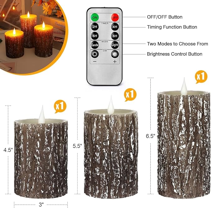 AKU TONPA Pine Bark Effect Flameless Candles Battery Operated Pillar Real Wax - Image 3