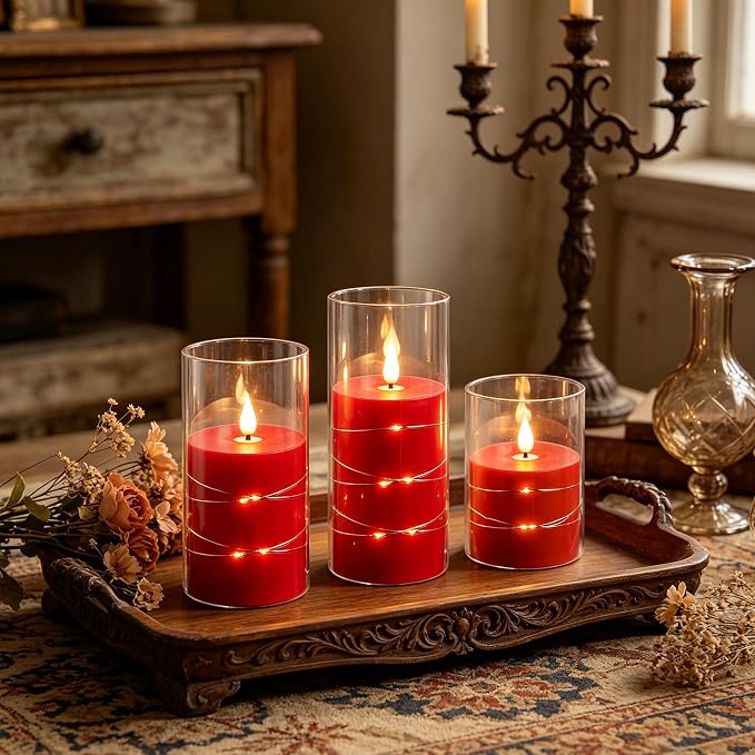 Da by 3 Pack Red Transparent Acrylic Flameless Taper Candles, Flickering Black - Image 3