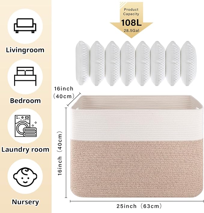 OIAHOMY 108L Extra Large Blanket Basket, 25”x16”x16” Laundry Basket, Blanket - Image 3