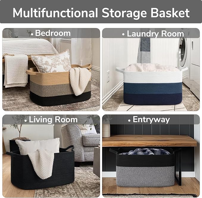 Goodpick Large Woven Rope Blanket Basket, Living Room & Bedroom Organization - Image 4