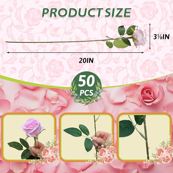 50 PCS Fake Pink Roses, Artificial Flowers Bulk, Realistic Silk Faux Roses | - Image 2