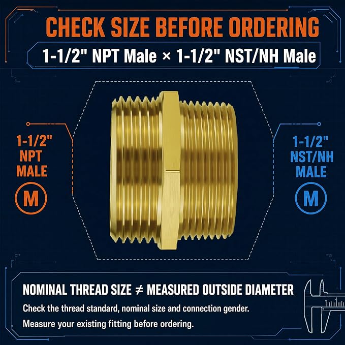 1-1/2" NPT Male x 1-1/2" NST/NH Male Fire Hose Adapter | Solid brass - Image 3