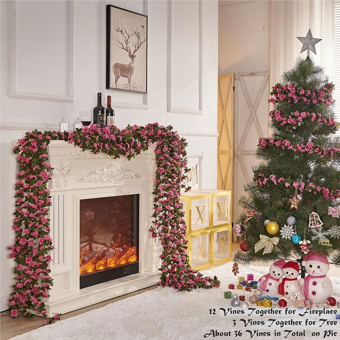 8Pcs x 8.2FT Artificial Flower Garland Rose Vine Decor, Magenta Flower | - Image 3