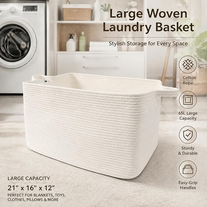 65L Large Laundry Basket with Handles, Woven Blanket Basket, Living Room - Image 5