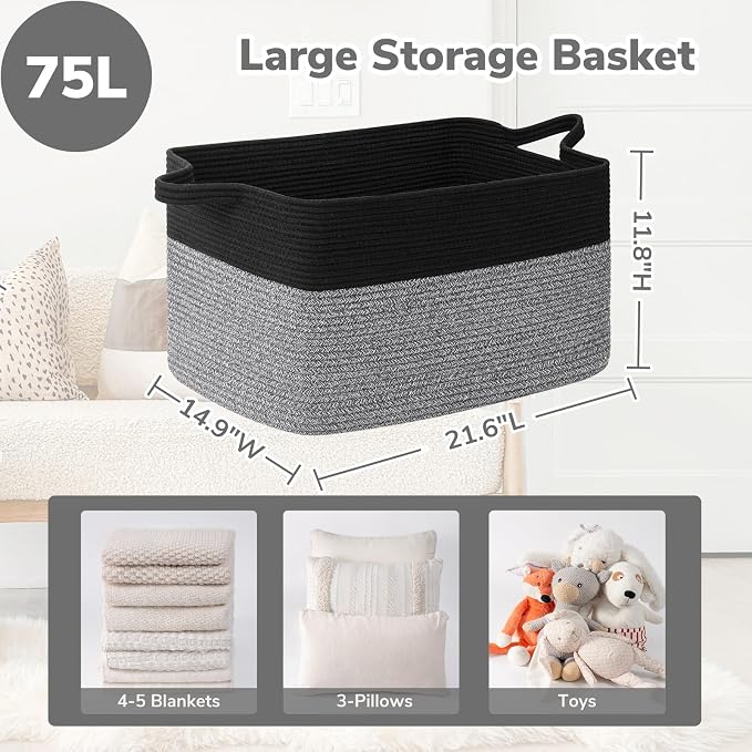 Goodpick Large Woven Rope Blanket Basket, Living Room & Bedroom Organization - Image 3