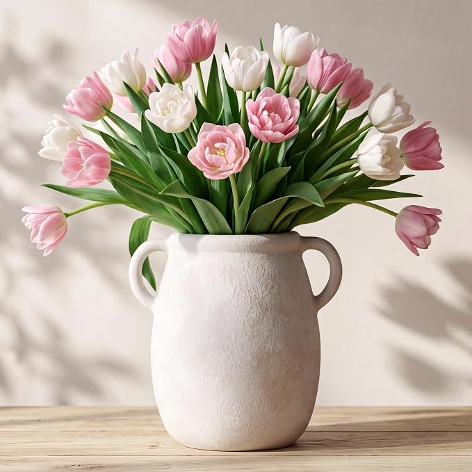 Ceramic Flower Vase with Handle, 7.9in Waterproof Farmhouse Table Rustic Vases by CUCUMI