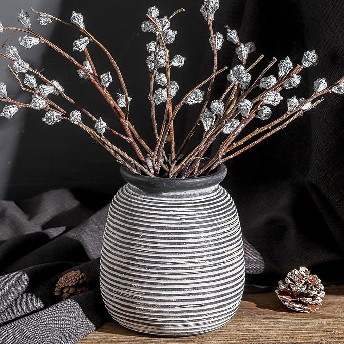 Ceramic Rustic Vase, 7.48" Flowers Pottery Vases Home Decor Round Wide-Mouth - Image 6