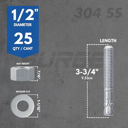 1/2" X 3-3/4" 304 Stainless Steel Wedge Anchors - Image 2