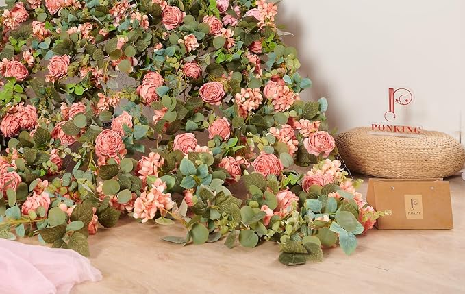 Artificial Flower Garland 2pcs 5.4ft Rose & Hydrangea Vine, Champagne Pink | - Image 5