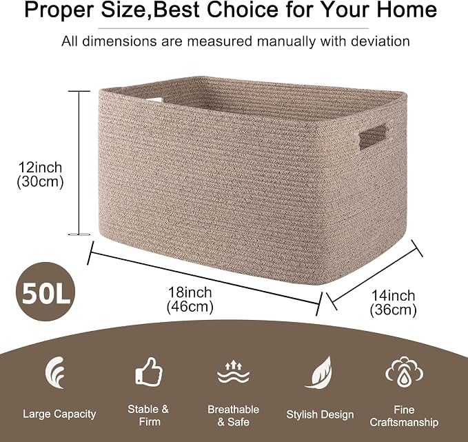 OIAHOMY Cotton Rope Basket, Rectangle Woven Nursery Blanket Basket, Toy Storage - Image 3