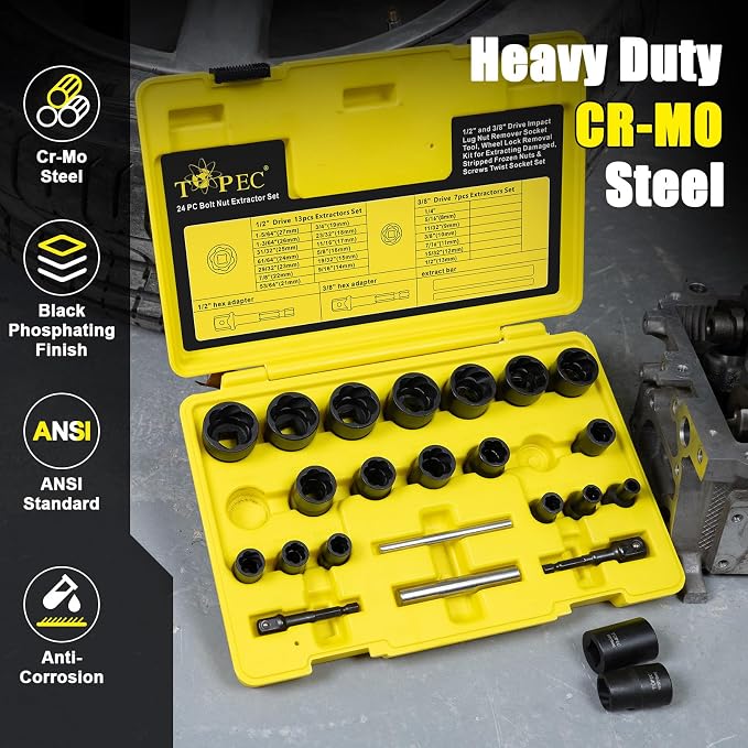 Bolt Extractor Kit 24 Pieces, 3/8'' 1/2'' Drive Lug Nut Extractor Set | Bolt - Image 2