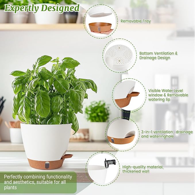 2 Pack 8 Inch Pots for Plants Indoor, Plastic Self Watering Planters | Drainage - Image 5