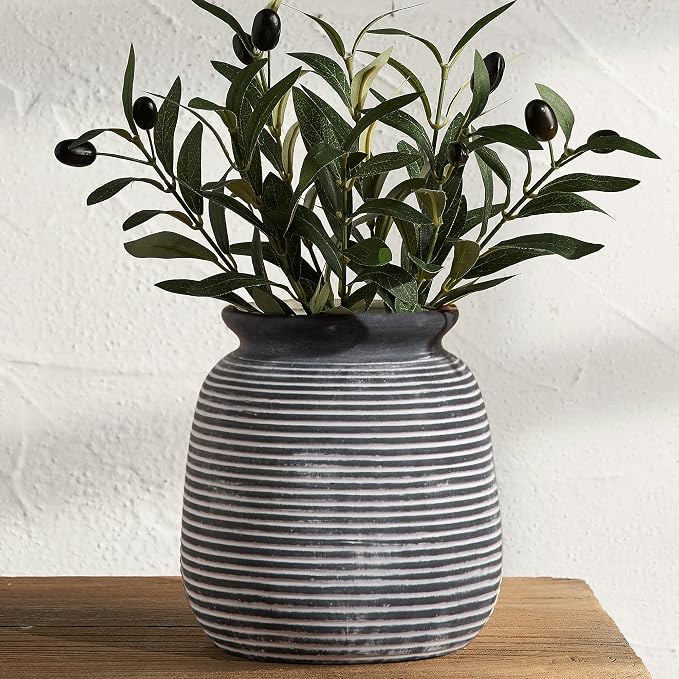Ceramic Rustic Vase, 7.48" Flowers Pottery Vases Home Decor Round Wide-Mouth by ooit