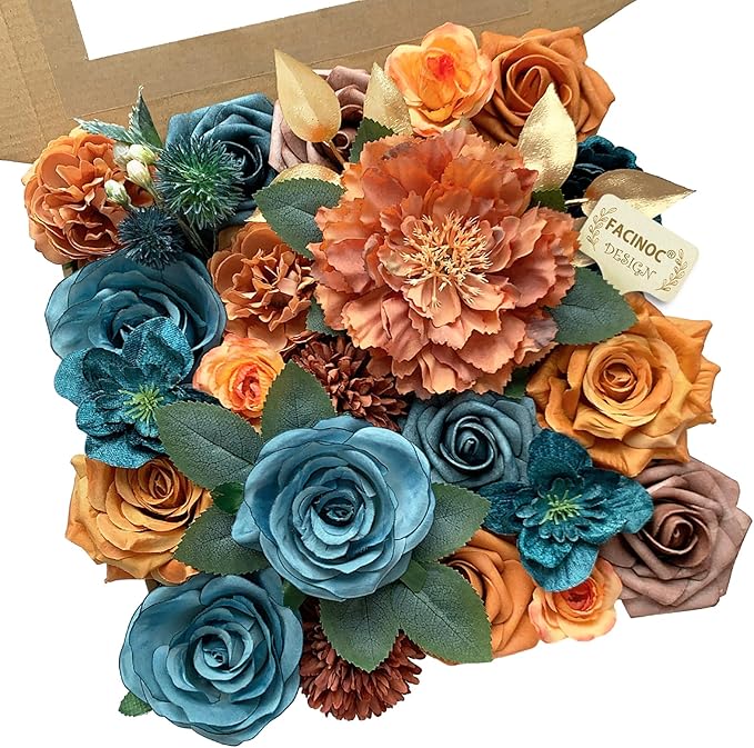 FACINOC Roses Artificial Flowers Teal Orange Bouquet Fall Fake Flower Combo | by FACINOC