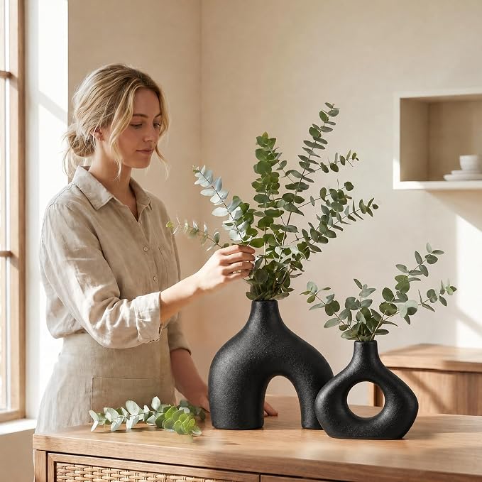 Black Ceramic Flower Vase Home Decor Set of 2, Farmhouse Table Vases Rustic - Image 5