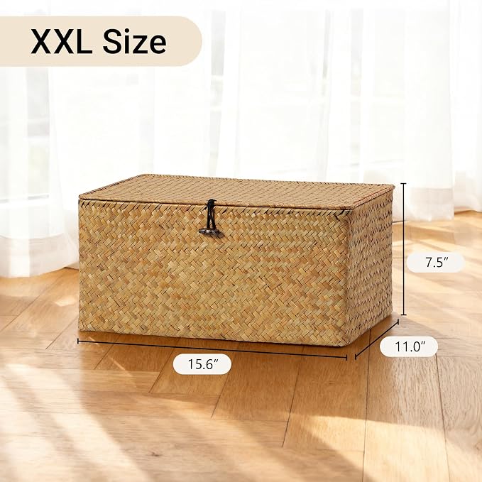 Nonam Large Wicker Basket with Lid, Seagrass Shelf Storage Basket, Natural | - Image 3