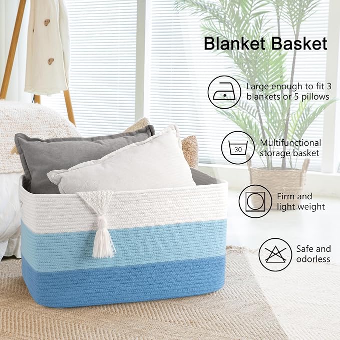 OIAHOMY Blanket Basket Laundry Basket Dog Toy Basket 75L Light Blue | Large - Image 6