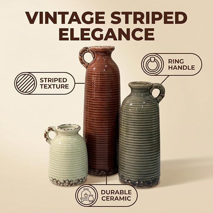 Ceramic Vase Set of 3 with Handles, Versatile as Table Centerpiece or Mantel & - Image 4
