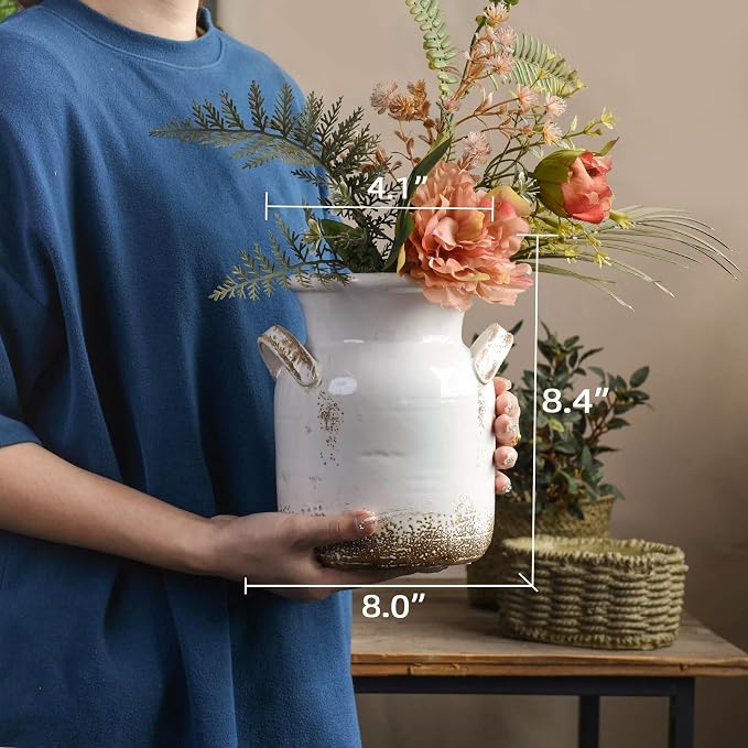 Quoowiit Ceramic Rustic Farmhouse Vase, Distressed Decorative Flower Vase - Image 6